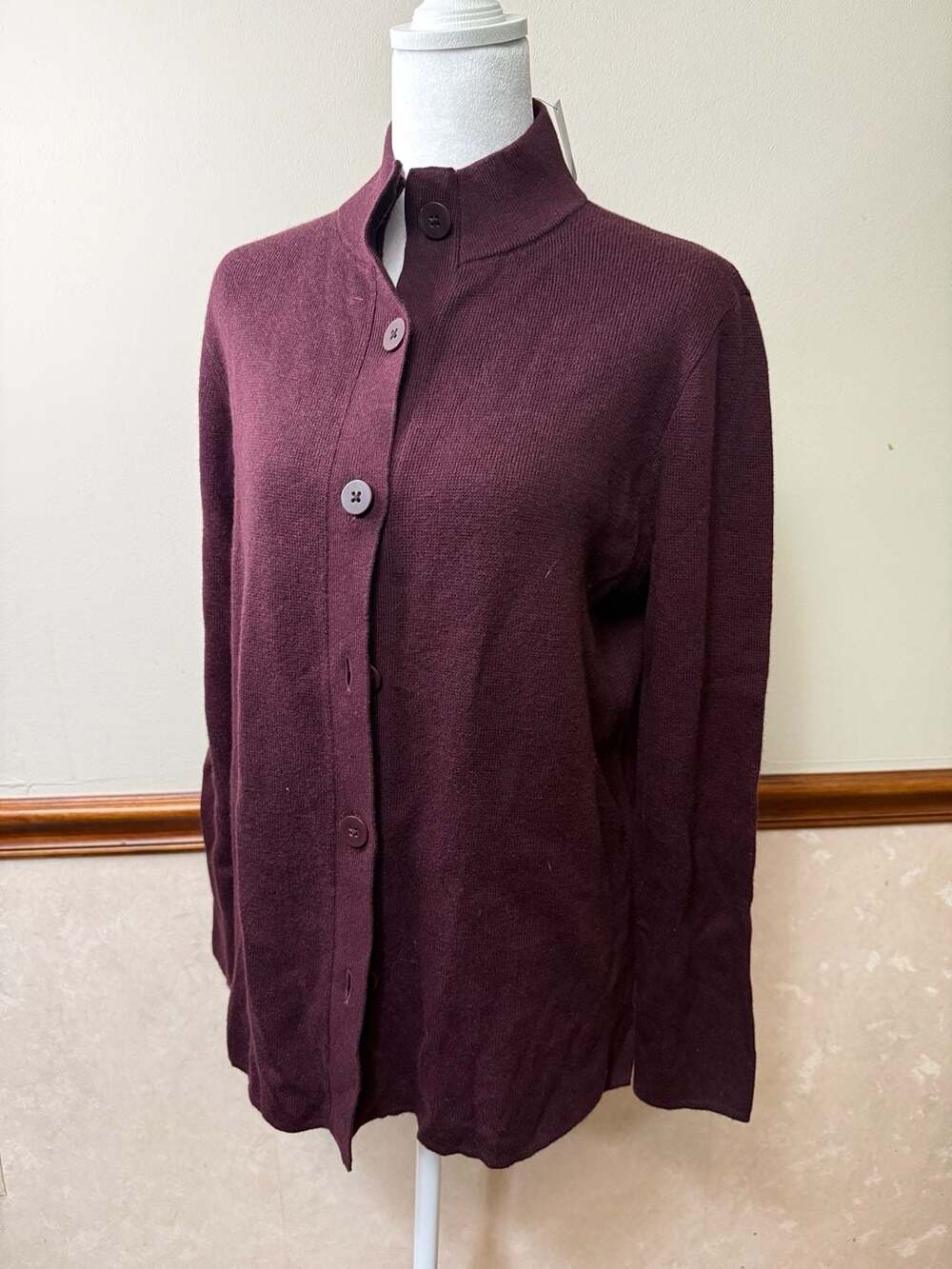 Talbots Cardigan Sweater Size PM Burgundy Mock Neck Button Front